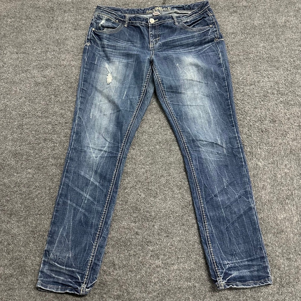 Almost Famous Jeans Womens Size 10 Blue Distressed Low Rise Y2K Skinny Denim
